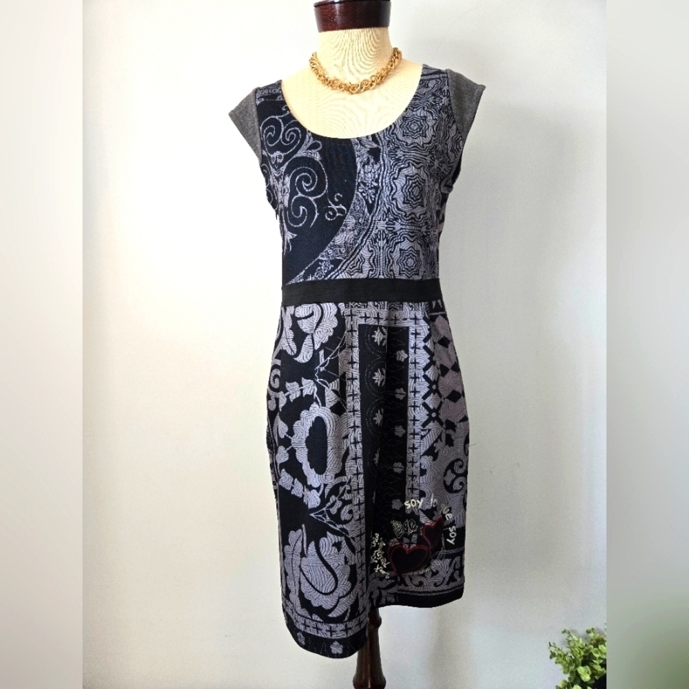 DESIGUAL Black and Gray Patterned Dress. Size Medium